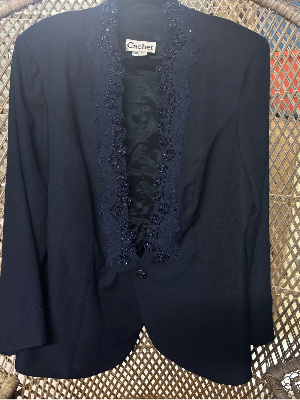 Cachet vintage Navy Satin-Lined Blazer with Beaded Trim with shoulder pads